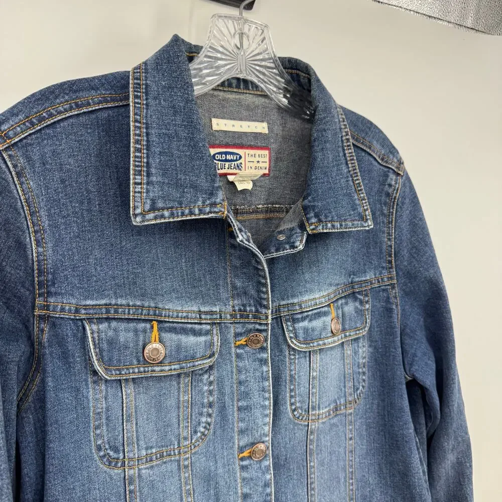 VTG Y2K Old Navy Denim Trucker Jacket Womens L Jean Stretch Retro Preppy 2000s - Picture 2 of 6